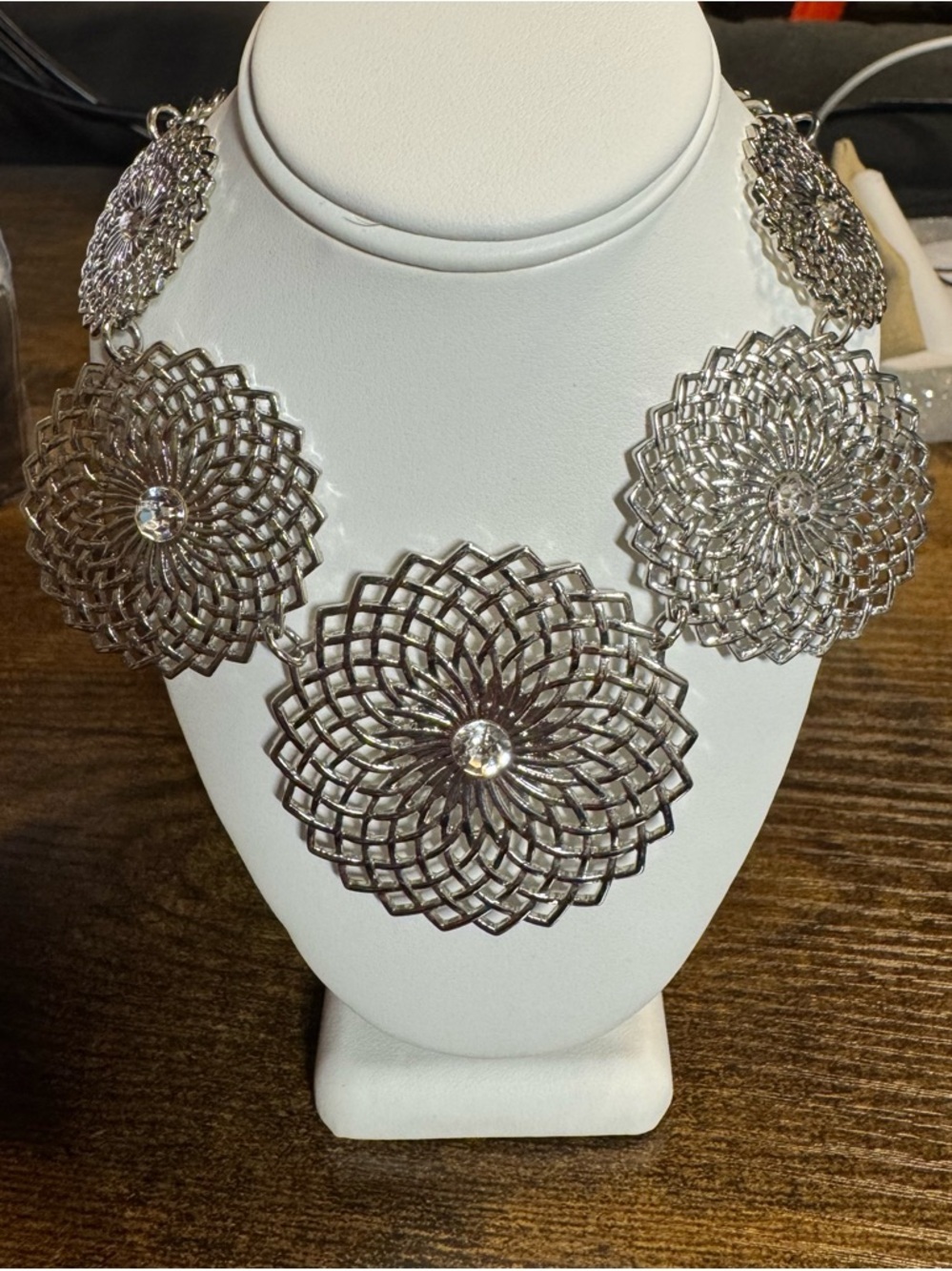 *Boho Silver Tone Rhinestone Medallion Necklace 9" adjustable